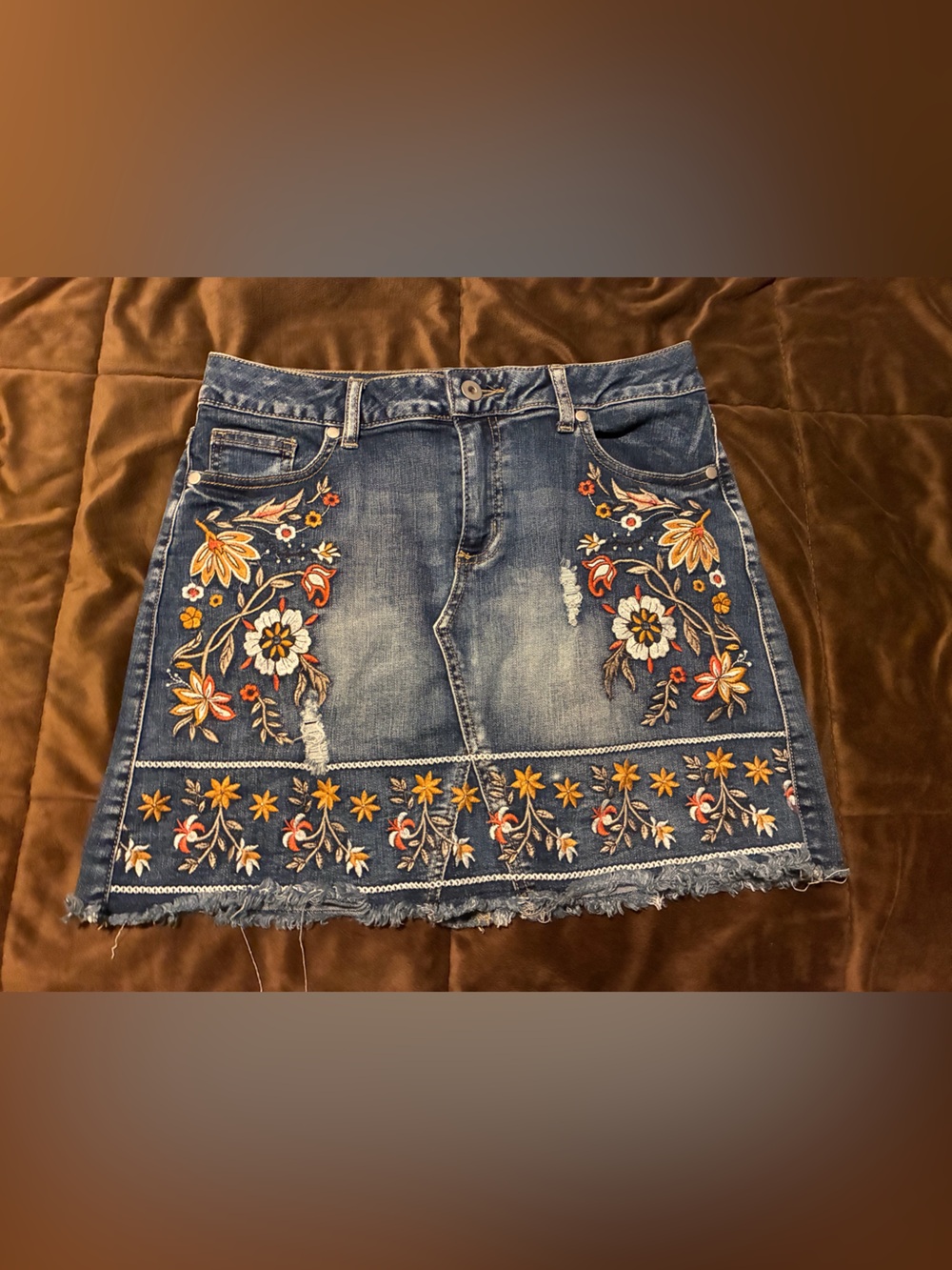 Altar'd State Blue Denim Mini Skirt with Multicolor Floral Embroidery, small